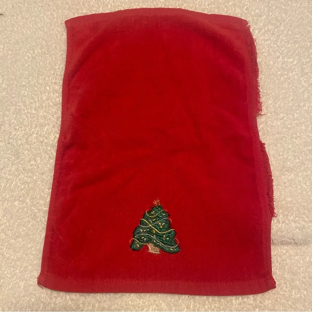 Vintage Red Hand Towel with Christmas Tree Embroidery
